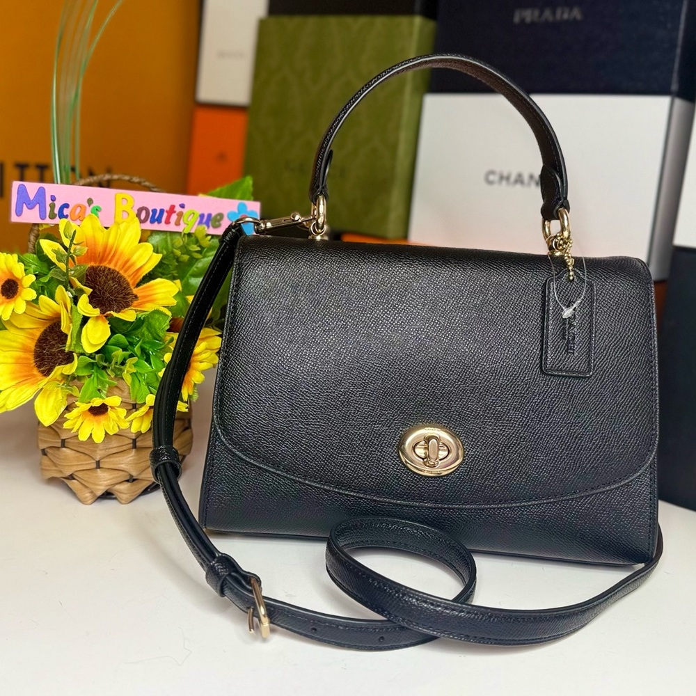 🆕COACH Tilly F6618 Black Leather Handbag/CrossbodyBag w/Gold Turn-Lock MSRP:$398